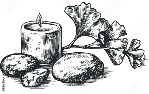 Sketch of a lit candle with smooth stones and ginkgo leaves