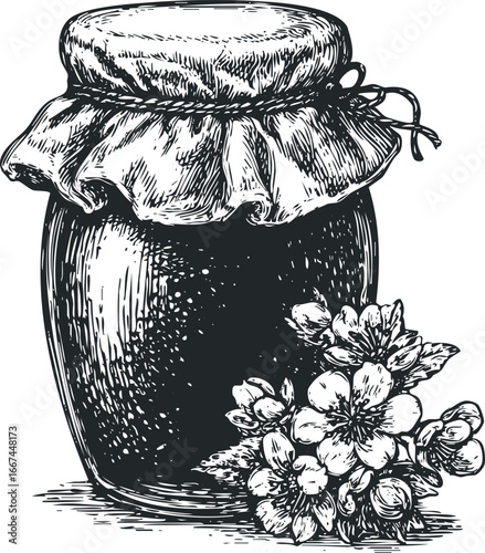 Hand-drawn sketch of a glass jar filled with dark liquid, tied with cloth and string, adorned with blossoming branches