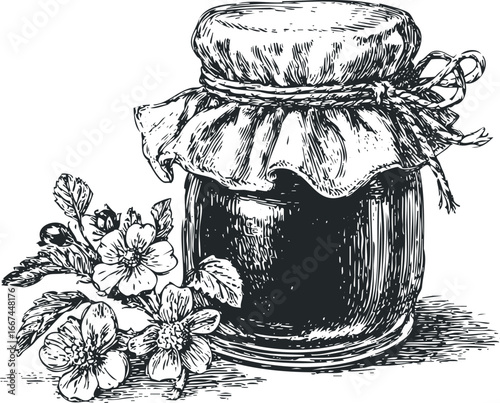 Hand drawn jam jar with wildflowers and twine tie
