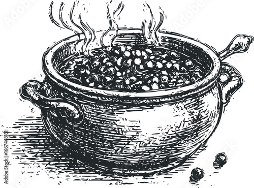 Vintage woodcut style depiction of a steaming pot filled with legumes