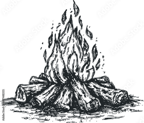 Black and white sketch of a roaring campfire with stacked logs