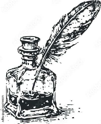 Vintage inkwell and quill pen drawing for writing and calligraphy