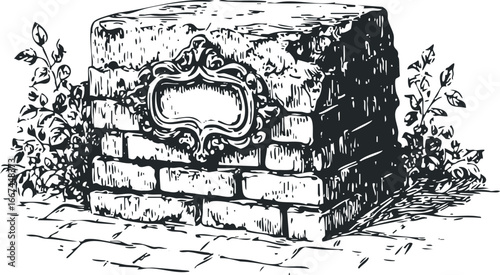 Ornate signpost on weathered brick structure with foliage and cobblestone base
