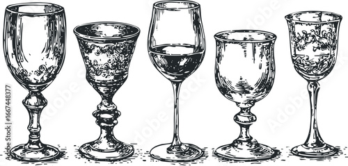 Five Hand Drawn Wine Glass Assortment Collection
