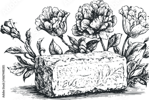 Black and White Sketch of a Bar of Soap Adorned with Floral Elements