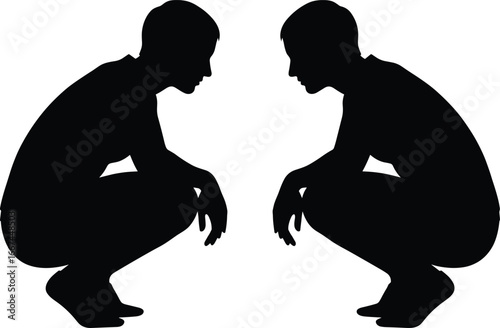 Silhouette two men squatting, facing each other, body posture, human pose, black outline, sitting position, balance, symmetry, modern design, art