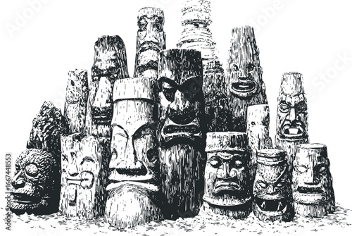 Collection of Carved Wooden Idol Faces in Black and White