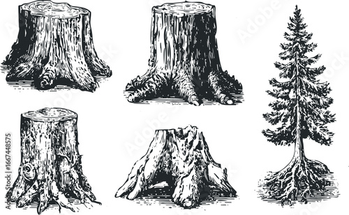Collection of Textured Tree Stumps and Pine Tree