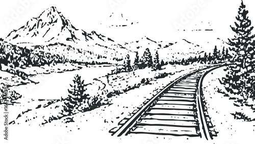 Black and white sketch of train tracks curving through a mountainous landscape with pine trees