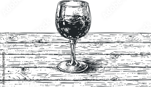 Ink drawing of a wine glass filled with liquid on a wooden surface