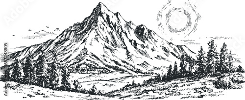 Detailed ink drawing of a majestic mountain peak surrounded by evergreen trees and a radiating sun