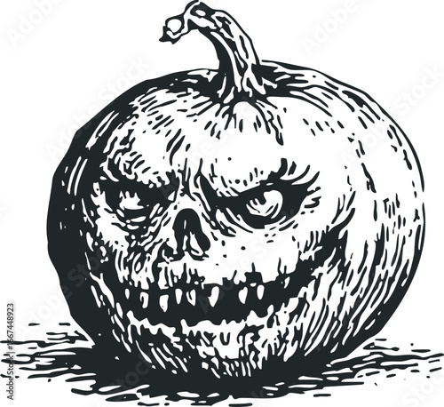 Spooky Carved Pumpkin Face with Wicked Grin in Black and White
