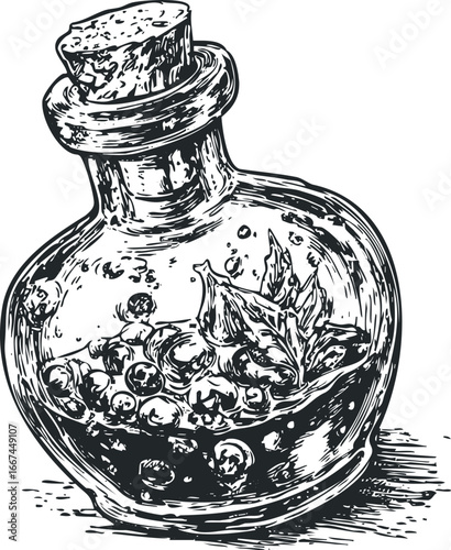 Vintage Glass Bottle Filled with Bubbling Liquid and Leaves