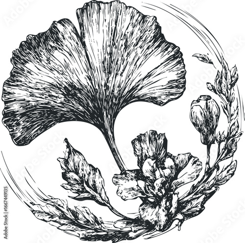 Ginkgo leaf and floral elements arranged in circular composition with ink sketch style