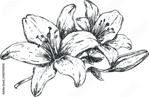 Line drawing sketch of a cluster of lily flowers and unopened buds