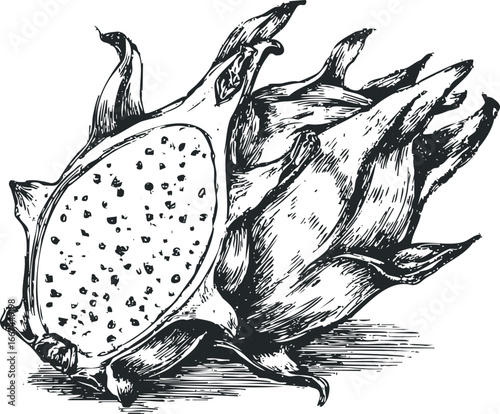 Hand-drawn sketch of a halved pitaya fruit with distinctive scales