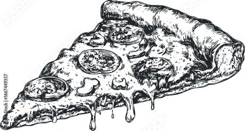 Detailed ink sketch of a savory slice of pizza with dripping cheese and toppings