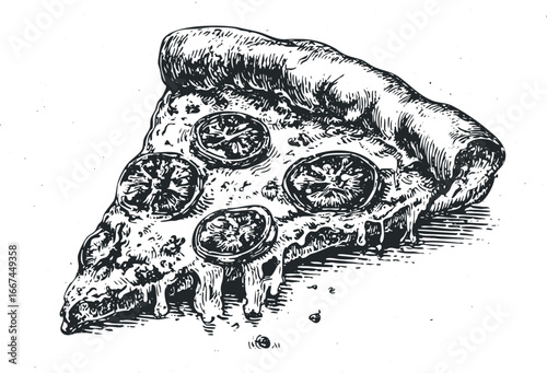 Detailed black and white sketch of a dripping slice of pepperoni pizza