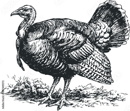 Detailed Ink Drawing of a Standing Turkey on a White Background