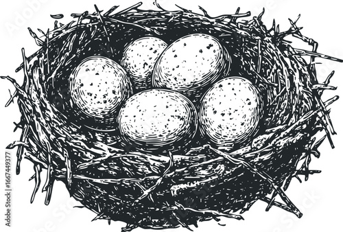 Detailed drawing of a bird's nest containing five speckled eggs