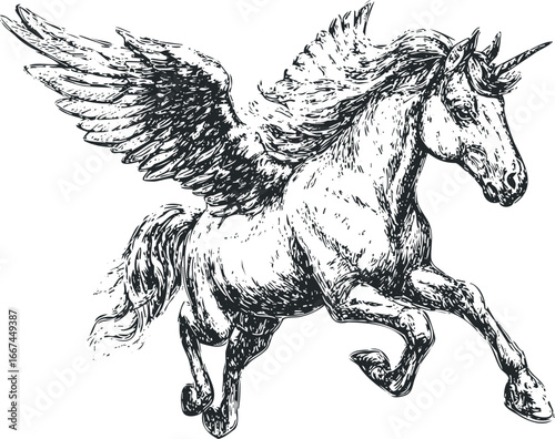 Winged Unicorn Galloping with Flowing Mane