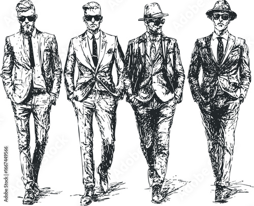 Four stylish men in suits walking with confident strides