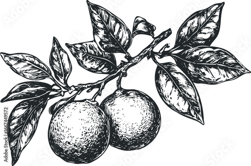 Hand-drawn etching of two ripe oranges hanging from a leafy branch