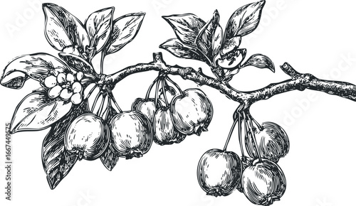 Black and white drawing of a branch with ripe apples and blossoms