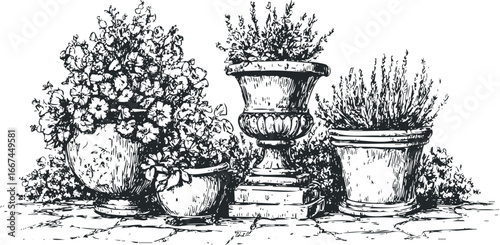 Hand Drawn Sketch of Overflowing Flower Pots and Ornate Planter on Cobblestone