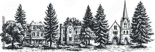 Black and White Sketch of Historic Architecture with Evergreen Trees and Foliage