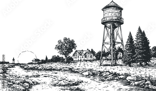Rural Landscape with Water Tower and Houses during Sunset