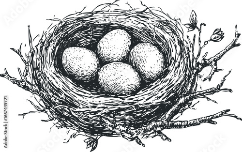 Hand-drawn sketch of a bird's nest with four speckled eggs on a branch