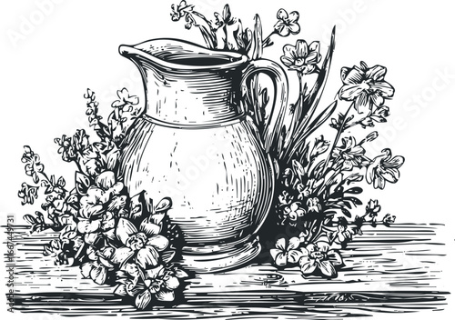 Line Art Rendering of a Vintage Pitcher with Floral Arrangements