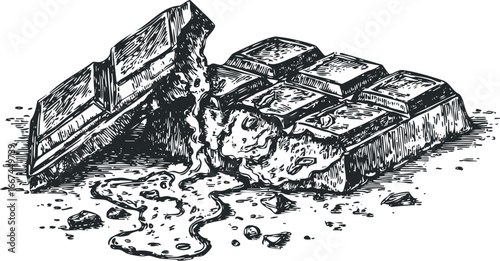 Melting Chocolate Bar Pieces and Crumbs Sketch on White