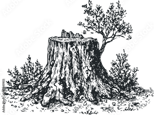 Tree stump with surrounding foliage and rocky ground rendered in monochrome
