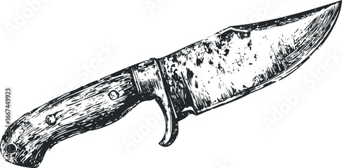 Detailed sketch of a vintage combat knife with wooden handle