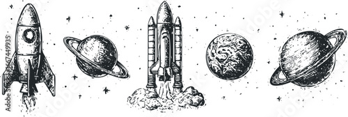 Space travel montage with rockets and planets in vintage drawing style