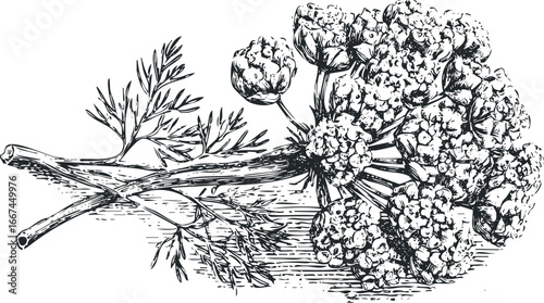 Black and White Woodcut Style Dill Seed Head with Foliage