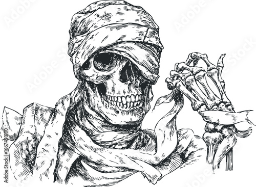 Sketch of a mummified skeleton with bandages and skeletal hand
