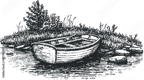 Vintage Rowboat Resting on a Stony Shore with Grassy Bank