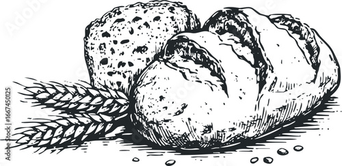 Sketch of Two Loaves of Bread and Wheat Stalks