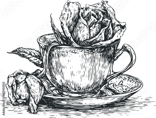Detailed sketch of a rose blooming inside a vintage teacup with a saucer and sugar cube