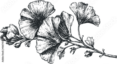 Hand drawn ginkgo leaves and branches on a white background