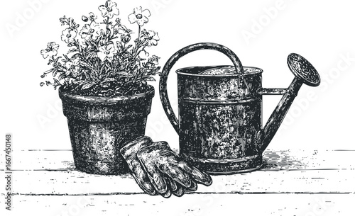 Vintage style engraving of a potted flowering plant next to a watering can and gloves