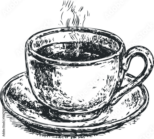 Hand-drawn sketch of a steaming coffee cup and saucer with detailed shading