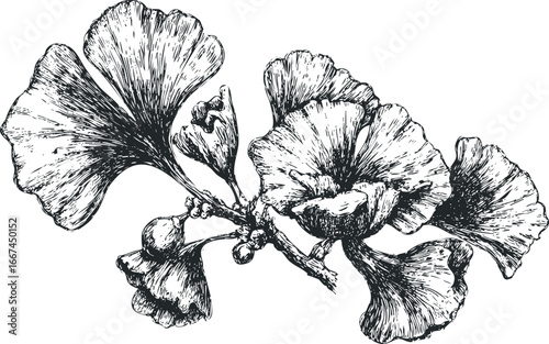Detailed Ink Sketch of Ginkgo Biloba Branch with Leaves and Berries