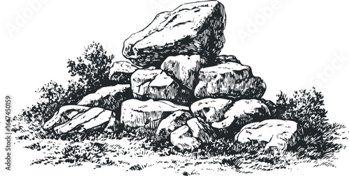 Roughly piled stones and vegetation rendered in a hand-drawn style