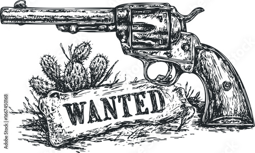 Old West revolver rests on a "Wanted" poster with desert cactus