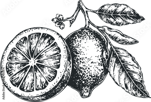 Fresh Lemon Whole and Sliced on Stem with Leaves