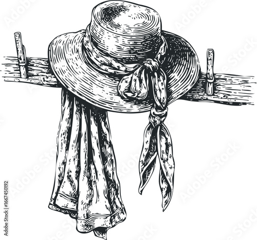 Vintage Straw Hat and Scarf Hanging on Wooden Clothesline